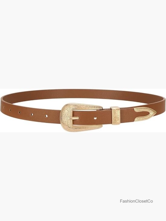 Accessories - Western Skinny Vegan Leather Belt with Carved Buckle for Women - 0.8" Width, 9